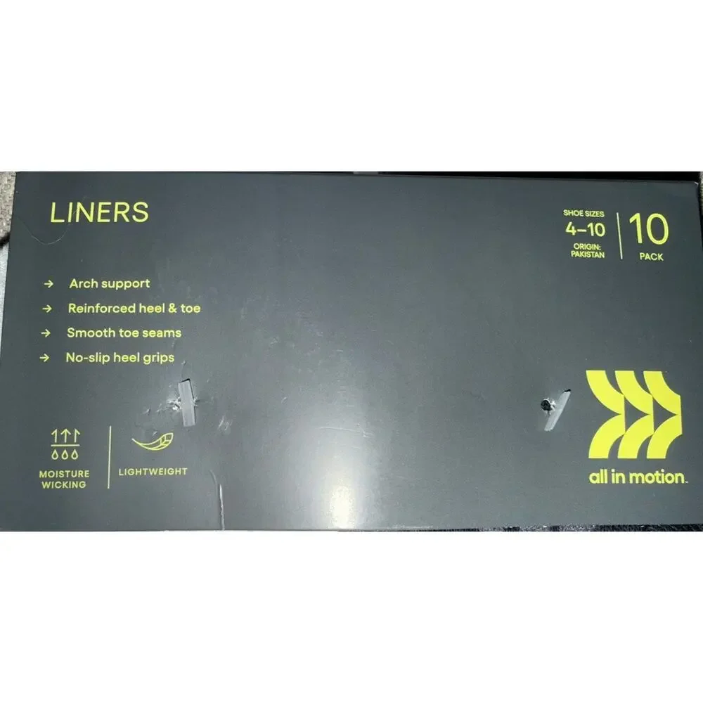 All In Motion Liners Socks Womens One Size 4-10 Black White 10 Pack No Show